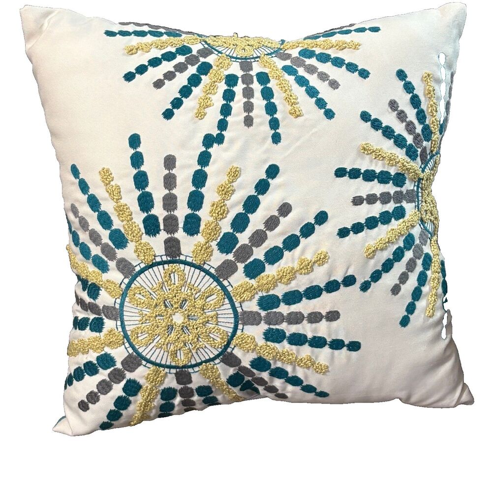 Pier 1 Embroidered Sunburst Pillow Teal Gold White 16 x 16